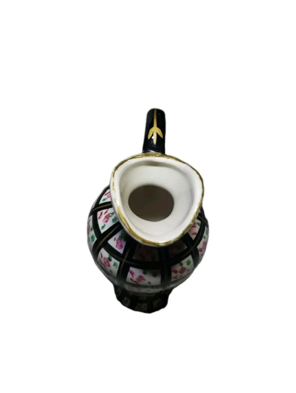 Vtg Handpainted Black Gold Floral Checkered Pitcher Vase